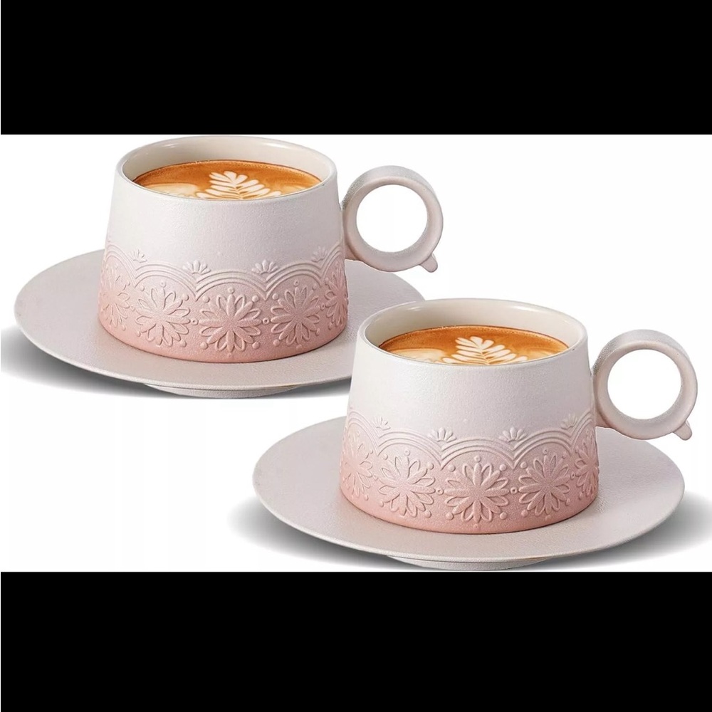 ZENS Cappuccino Cups with Saucers Set of 2 Gradient Pink Ceramic 7.3 oz
